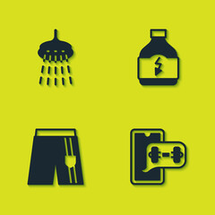 Set Shower, Fitness app, Short or pants and Sports nutrition icon. Vector