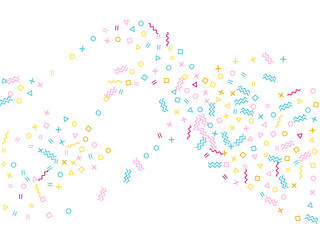 Memphis style geometric confetti background with triangle, circle, square, zigzag and wavy line