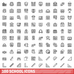 100 school icons set, outline style