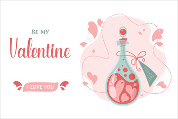 Happy Valentine’s Day Postcard. Elixir bottle. Flat vector illustration.