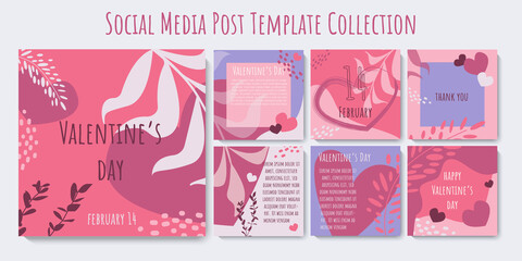 Social media post template love collection. Valentine's Day banner design in blue and pink colors. Set of trendy templates perfect for greeting cards, story, web internet ads. Vector illustration