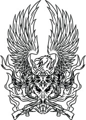 Illustration vector graphic of eagle and buffalo and ak47 good for clothing or merchandise