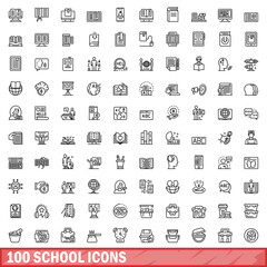 100 school icons set, outline style
