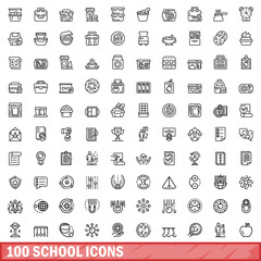 100 school icons set, outline style
