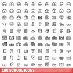 100 school icons set, outline style