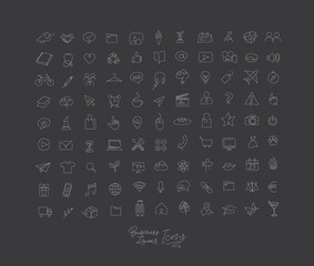 Minimalist linear icons for business drawing with white lines on black background.