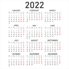 Calendar for 2022 isolated on white background. From Monday to Sunday. Business template. Vector illustration.