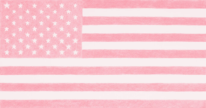 US flag. Light delicate pink tinted background. Patriotic backdrop. Stars and stripes in pastel colors. American Independence Day. The holidays of July 4 and Flag Day