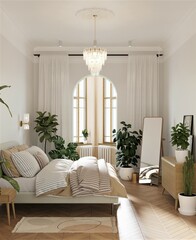 modern design in an old apartment in petersburg, bright interior with high ceilings, lots of plants, white walls with green slopes on the windows