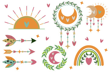 Set of cute elements in boho style. Moon, sun, rainbow, arrow, branches, wreath, heart, star. Vector illustration