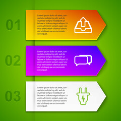 Set line Upload inbox, Chat, Electric plug and Medical hospital building. Business infographic template. Vector