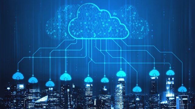 Cloud computing technology and online data storage for shrewd business network concept . Computer connects to internet server service for cloud data transfer presented in 3D futuristic graphic .