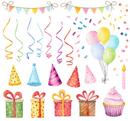 Set of watercolor festive elements for celebrating birthday, christmas and other holidays