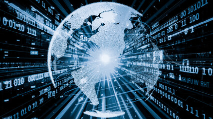 Futuristic global network and tacit digital data transfer 3D graphic . Concept of smart digital transformation and technology disruption that changes global trends in new information era .