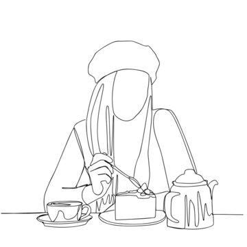 woman eating cake, line art, cafe setting clip art preview