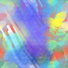 Seamless pattern of abstract elements in blue, yellow, orange shades for textile.