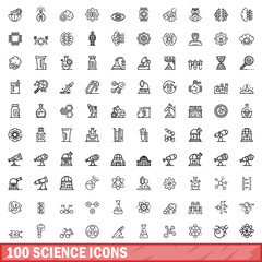 100 science icons set, outline style - obrazy, fototapety, plakaty