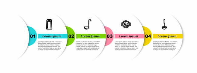 Set line Salt and pepper, Kitchen ladle, Cooking soup in pot and . Business infographic template. Vector