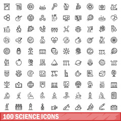 100 science icons set, outline style
