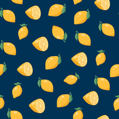 Seamless pattern of lemons on a dark blue background. Fruit for lemonade drawn in a flat cartoon cute style. Vector illustration
