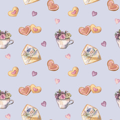 Romantic seamless pattern for Valentine's Day. Sweet heart shape cookies, and envelopes and cups with flowers on pastel blue background. Elements are painted with watercolors. Cute design for spring.