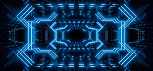 Sci Fy neon lamps in a dark corridor. Reflections on the floor and walls. 3d rendering image.