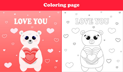 Printable worksheet with coloring page for valentine day with cute bear character holding heart candy and love text