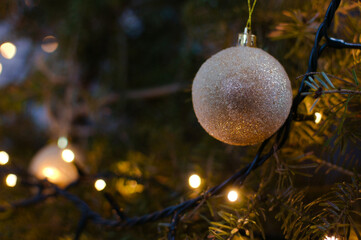 Christmas tree with golden ball and fairy lights in background