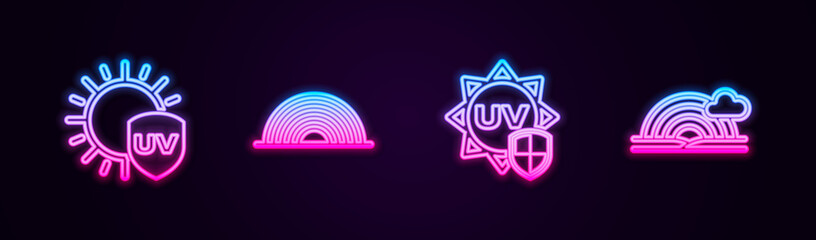 Set line UV protection, Rainbow, and with cloud. Glowing neon icon. Vector