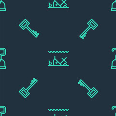 Set line Sunken ship, Pirate key and hook on seamless pattern. Vector