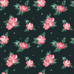 Pink rosehip flowers. Watercolor pattern on a dark background.