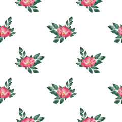 Pink rosehip flowers, seamless pattern. watercolor background