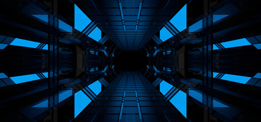 Sci Fy neon lamps in a dark corridor. Reflections on the floor and walls. 3d rendering image.