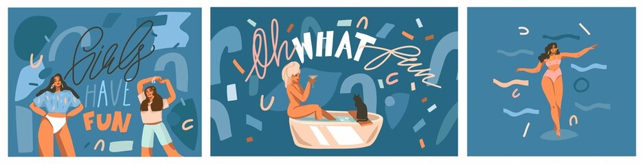 Graphic vector feminine collection set with young student girl characters lifestyle collection set,abstract collage seamless pattern,abstract grphic rainbow.Monern contemporary art.