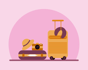 Suitcase or luggage bag with camera,hat and pillow. Vacation concept. Cartoon vector style for your design.