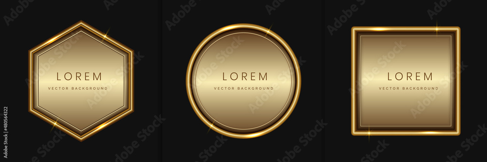 Fototapete set of abstract luxury golden geometric frame design, square, circle and hexagon with lighting effec