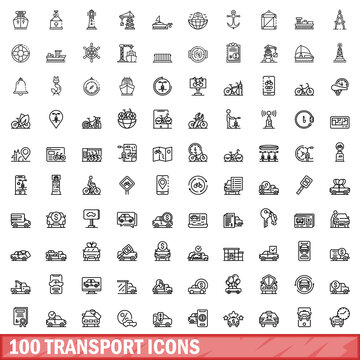100 transport icons set, outline style