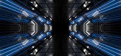 Sci Fy neon lamps in a dark corridor. Reflections on the floor and walls. 3d rendering image.