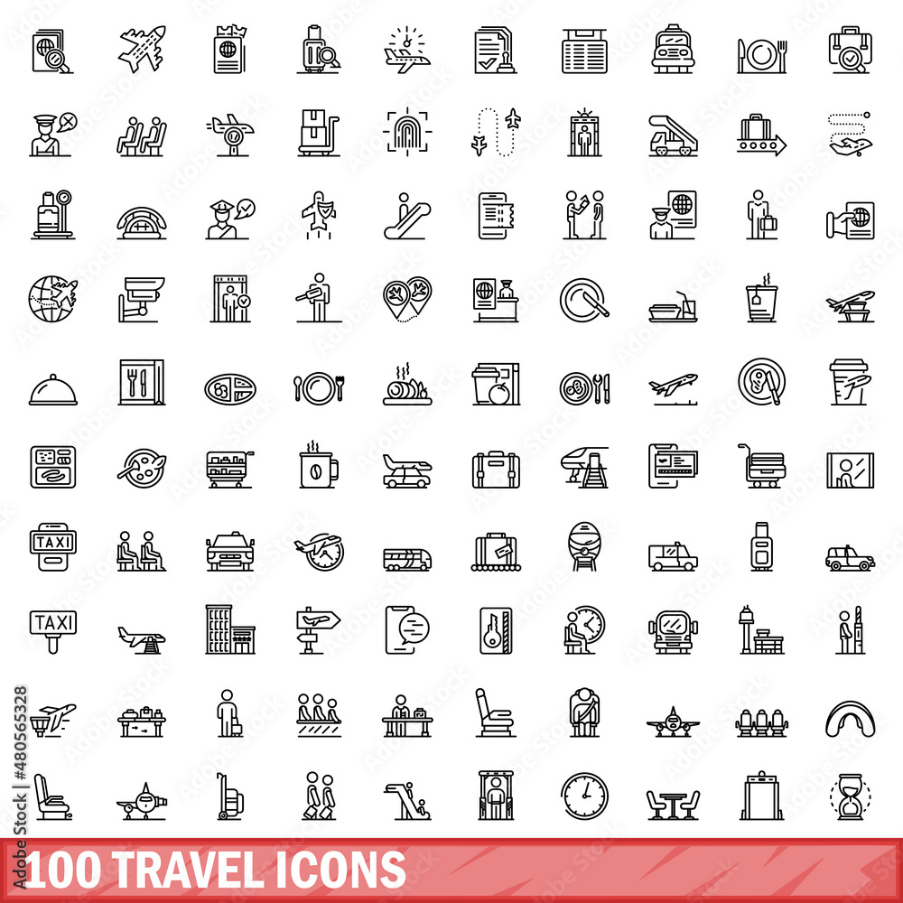 Wall mural 100 travel icons set, outline style - Wall murals