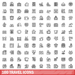 100 travel icons set, outline style