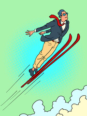 male businessman jump from ski jump, winter sports