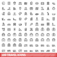 100 travel icons set, outline style
