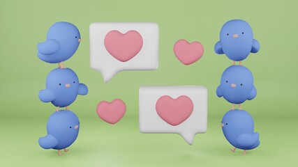 青い鳥が吹き出しにピンクのハートアイコンをやり取りする会話の様子の3DCGイラストレーション