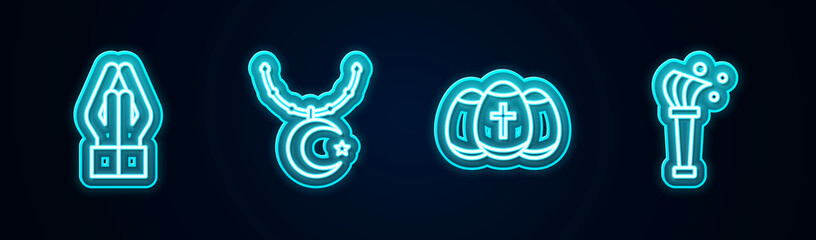Set line Hands in praying position, Star crescent chain, Easter egg and Aspergillum. Glowing neon icon. Vector