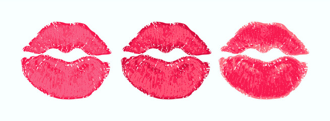 Pink Lipstick Print on a White background. Sweet Red Female Kiss. Painted Sexy Beauty Lips. Smooch. Lipstick Mark. Illustration for Romantic Valentine Day and Love design. White background. Vector.