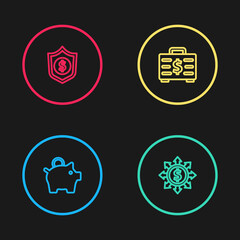 Set line Piggy bank, Dollar, share, network, Briefcase and money and Shield with dollar icon. Vector