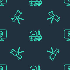 Set line Mars rover, Telescope and Alien on seamless pattern. Vector