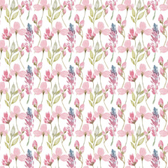 Watercolor botanical seamless pattern wild flowers and garden plants. Hand drawn leaves, pink flowers, herbs and natural elements. For birthday, wedding card, love, invitation, greeting, mother day.