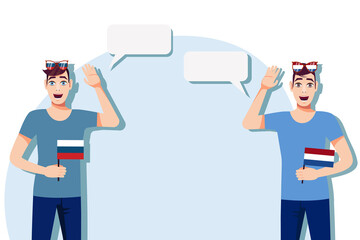 Men with Russian and Dutch flags. Background for the text. The concept of sports, political, education, travel and business relations between Russia and the Netherlands. Vector illustration.