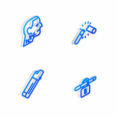 Set Isometric line Broken cigarette, Throat cancer, Lighter and No smoking icon. Vector